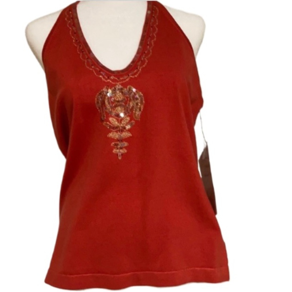 NWT Reba  Shade of Orange Red Halter-top with Bead Detail Size Large